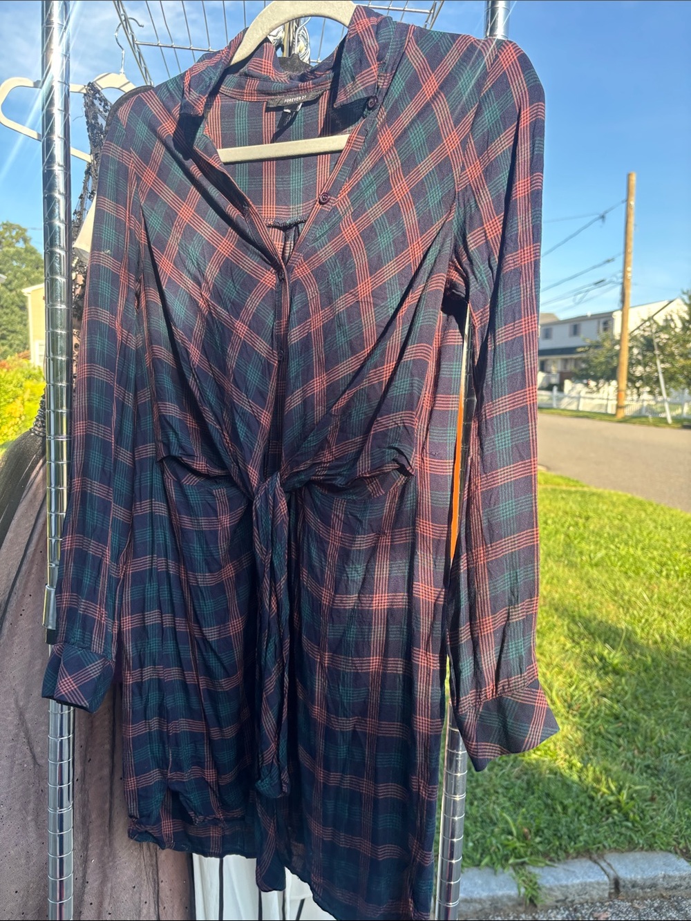 Forever 21 Plaid Long-Sleeve Tie-Front Top - Navy & Burgundy